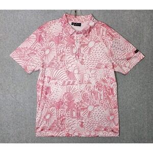Yatta Golf Shirt Men Small Pink White Polo Hawaiian Abstract Stretch Lightweight